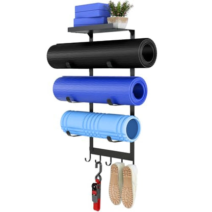 Yoga Mat Holder Wall Mount, Black Yoga Mats Storage Rack, Home Gym Storage with Metal Floating Shelf for Storing Fitness, Yoga Mat Rack with 5 Hooks for Hanging Foam Rollers and Resistance Bands