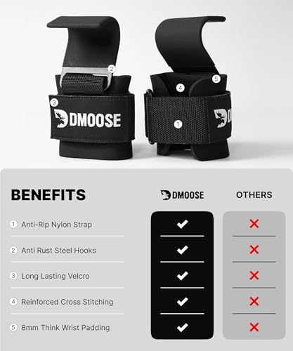 DMoose Fitness Weight Lifting Hooks (Pair) for Deadlifts, Pull Ups, Rows & Shrugs - Anti-Rip Nylon Strap Hand Grips with Thick Wrist Padding - Heavy Duty Wrist Straps for Weightlifting & Gym Workouts