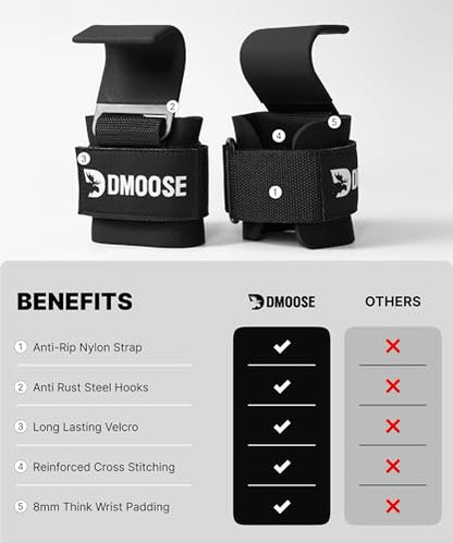 DMoose Fitness Weight Lifting Hooks (Pair) for Deadlifts, Pull Ups, Rows & Shrugs - Anti-Rip Nylon Strap Hand Grips with Thick Wrist Padding - Heavy Duty Wrist Straps for Weightlifting & Gym Workouts
