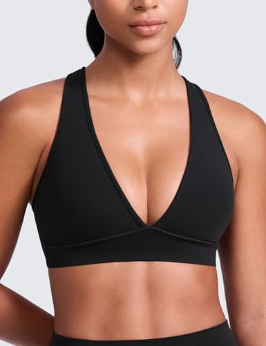 CRZ YOGA Butterlift Deep V Neck Sports Bras for Women - Padded Gym Wide Straps Cut-Out Cross Back Crop Pilates Workout Top