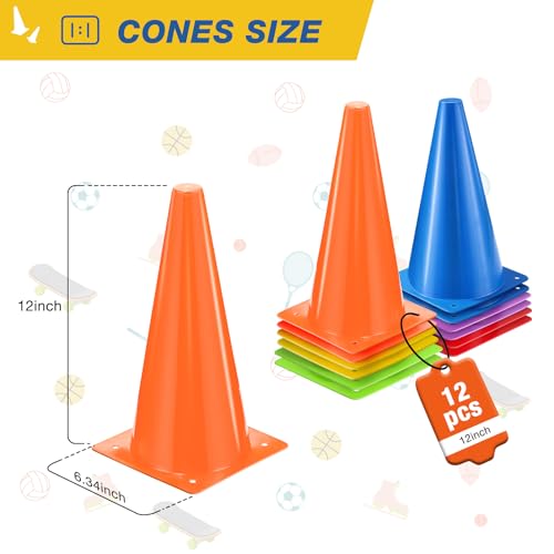 12 Inch Durable Cones,12pcs Versatile Plastic Traffic Cones and Soccer Cones for Sports Training,Agility Drills,Parking Safety,Basketball Training,Football Training.