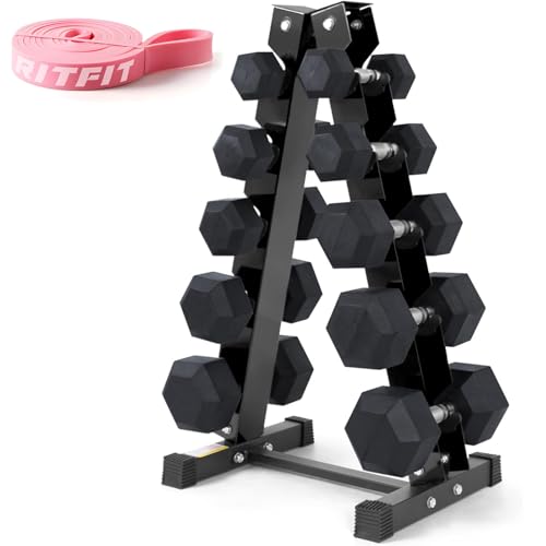 RitFit Rubber Coated Hex Dumbbell Set with Rack, 5-780LB for Home Gym Strength Training, Anti-Slip Knurled Handle, Hexagon Anti-Roll, Heavy-Duty Storage Rack - style: 250LBS Set with Resistance Band (10-40LB)