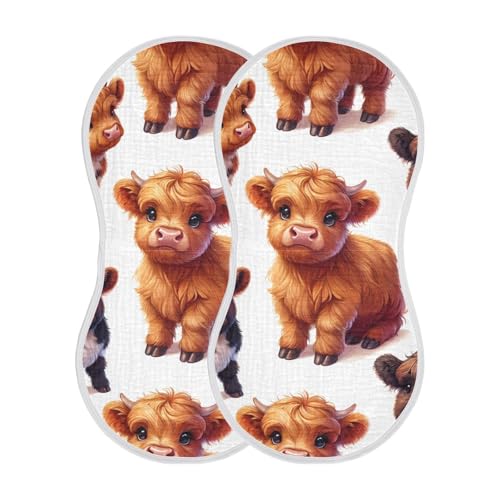 Little Highland Cows Muslin Burp Cloths 2 Pack - Extra Large 22"x11", 4-Layer Soft Absorbent Cotton, Waterproof Backing, Baby Drool Rags for Newborn