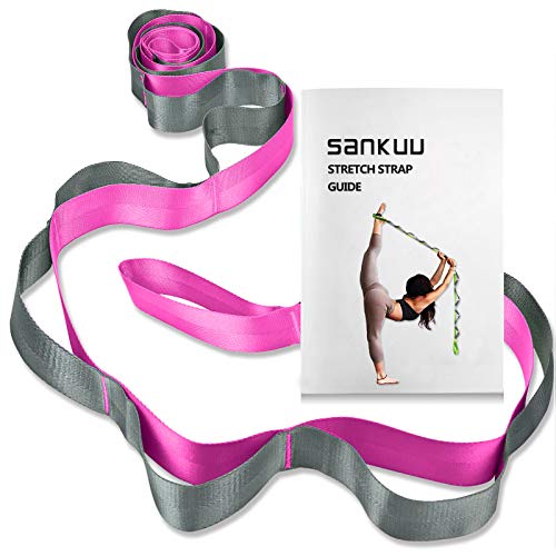 Yoga Straps Stretching Strap with 12 Loops Workout Poster, Straps for Stretching Physical Therapy Equipment Long Stretch Out Bands for Exercise, Pilates and Gymnastics for Women Men - color: Pink+Grey