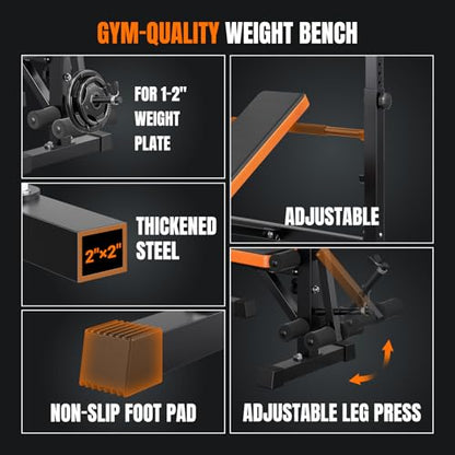YOLEO 6 in 1 Space Saving Weight Bench Set for Home Gym, Fast Folding & Adjustable Workout Bench, Bench Press Rack/Leg Extension/Preacher Curl/Sit up(1-Step Folding) (Black)