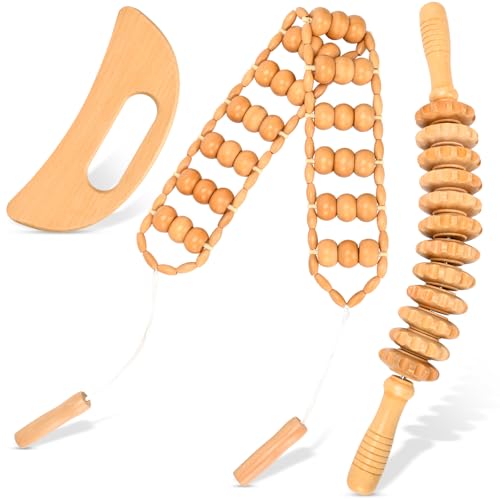 3-in-1 Wood Therapy Massage Tools Lymphatic Drainage Massager Maderoterapia Kit Wooden Gua Sha Massager Body Sculpting Tools for Muscle Pain Relief, Anti-Cellulite, Body Contouring and Shaping - style: Massage Set