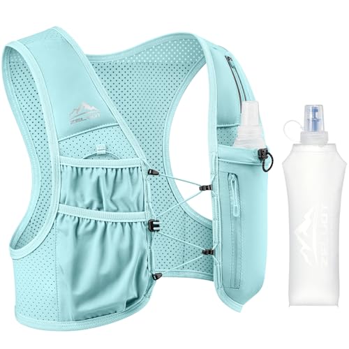 Zelvot Running Vest for Women Men, US Patent, Adjustable Chest Straps Running Hydration Vest with 500ml Soft Flask, Lightweight Reflective Hydration Backpack for Marathon - color: Light Blue, size: Medium-Large (1 Soft Flask)