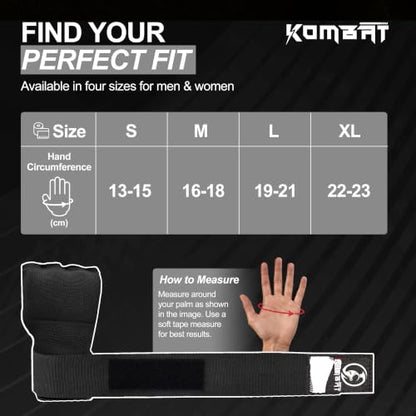 Kombat Gel Boxing Hand Wraps, Padded Inner Gloves for Men & Women, 75cm Quick Wrist Wraps, Knuckle & Wrist Protection for Muay Thai, MMA, Kickboxing, Martial Arts, Punching Training