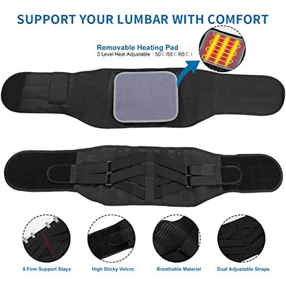 Back Brace with Heating Pad for Lower Back Pain, Cordless Heating Pad for Back, Heated Back Brace for Women and Men, Lumbar Support Brace for Sciatica, Scoliosis, Herniated Disc, Cramps, L