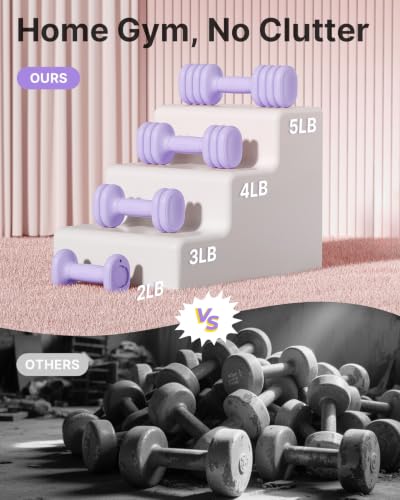 YOTTOY Adjustable Dumbbell Set of 2, 4-in-1 Hand Weights for Women at Home, Compact Free Weights Dumbbells Set with Soft Grip and Base, 2-5 lbs Each for Home Gym - color: Purple