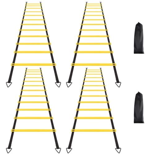 12 Rungs Agility Ladder Set, Training Ladder with Steel Stakes and Carry Bag for Soccer, Speed Fitness Feet Training - color: 4 Pack-Yellow