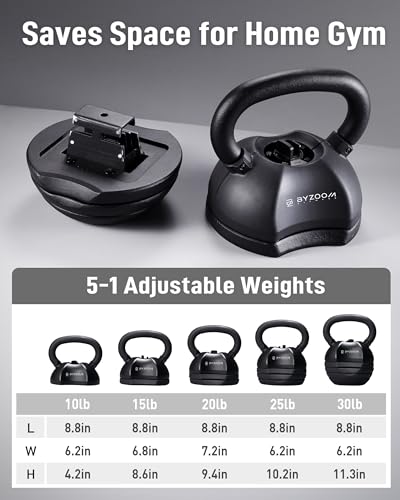 BYZOOM FITNESS Pure Series Adjustable Kettlebell 30/40/50LB - 5-IN-1 Weight Change, Patented Quick-Change Machenism, Ergonomic Curved Handle for Home Gym, Strength Training, HIIT, White OR Black