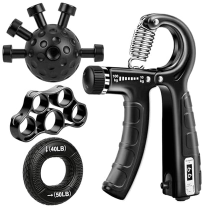 TEAWOO 4-Pack Grip Strength Trainer Kit, Adjustable Forearm Strengthener, Black Hand Grip Strengthener Balls, Finger Exerciser & Stretcher for Strength Training, Recovery & Flexibility