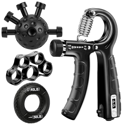 TEAWOO 4-Pack Grip Strength Trainer Kit, Adjustable Forearm Strengthener, Black Hand Grip Strengthener Balls, Finger Exerciser & Stretcher for Strength Training, Recovery & Flexibility