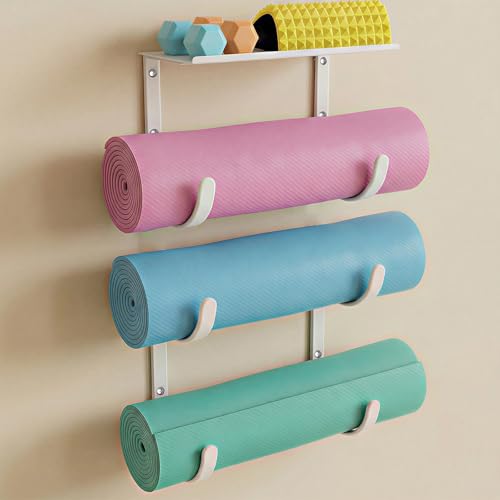 Yoga Mat Holder Wall Mount, No-Tie Pilates Mat Storage Rack with Top Floating Shelf, 4-Tiers Holding Yoga Blocks/Rollers and Exercise Mat, Workout Mat, Home Gym Equipment Accessories - color: 4-Tiers（with Floating Shelf）