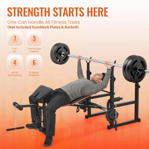 Weight Bench with Squat Rack, Adjustable Workout Bench with Preacher Curl Pad, Leg Extension & Curl, Safety Bar Catches, 600 lbs Capacity All-in-One Strength Training Bench for Home Gym