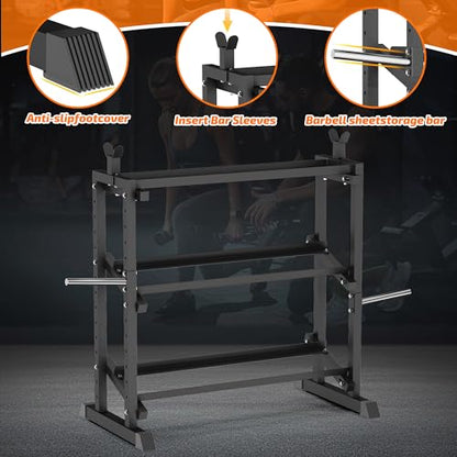 PLKOW Adjustable 3-Tier Dumbbell Rack with Barbell & Weight Plate Storage for Home Gym, Heavy Duty Steel Weight Rack Stand, Angle Height Width Adjustable Gym Organizer