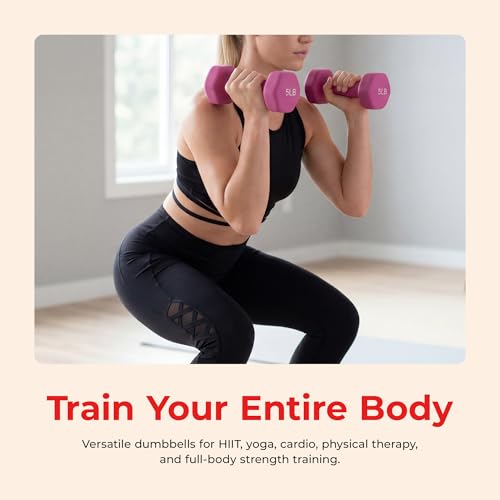 Sunny Health & Fitness Neoprene Coated Hex Shaped Dumbbell Non-Slip Fitness Weights for Home Gym Exercise, Full Body Workout Strength Building, Weight Loss, Sold in Pairs - Sizes - 2LB, 5LB, 8LB, 10LB - style: 5 Pounds