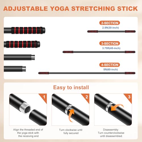 Yoga Stick Sturdy Steel, 5 Ft Adjustable Stretching Stick for Mobility, Flexibility and Balance, Versatile Exercise Stick with Non-Slip Ends and Foam Handles for Fitness, and Posture - color: Black