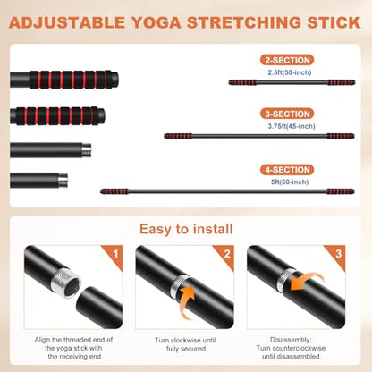 Yoga Stick Sturdy Steel, 5 Ft Adjustable Stretching Stick for Mobility, Flexibility and Balance, Versatile Exercise Stick with Non-Slip Ends and Foam Handles for Fitness, and Posture - color: Black