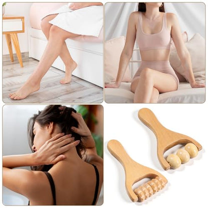 2 PCS Wooden Massage Roller, Wood Bead Massage Tools, Manual Wooden Muscle Foot Roller Massage for Leg Thigh Arm Body Muscle Tissue Pain Relief