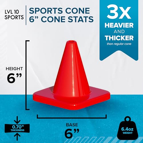 LVL10 Pro Training Cones - 6" Soccer Training Cones for Sports - for Basketball, Football, Basketball and Agility Drills - Soccer Field Markers that Won't Crack, Slide or Fly