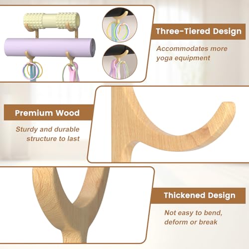 Wooden Yoga Mat Holder Wall Mount, Yoga Mat Storage Rack, Home Gym Equipment Organizer, Wall Mount Workout Storage Holder for Hanging Foam Rollers and Resistance Bands