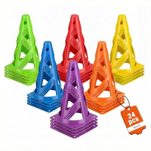24 Pack Soccer Cones, 9 Inch Agility Cones for Soccer, Football, Basketball, Cones for Sports Training, Speed & Agility Drills, Field Marking Equipment