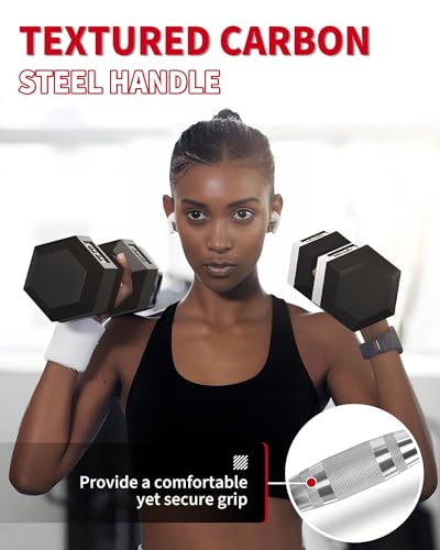 5-50 LB Hex Dumbbells Set of 2, Rubber Encased Cast Iron Dumbbells with Textured Carbon Steel Handle, Anti-Roll Hexagon Weight Pair for Home Gym Strength Training, Fitness Workouts for Men & Women - size: 25LBx2
