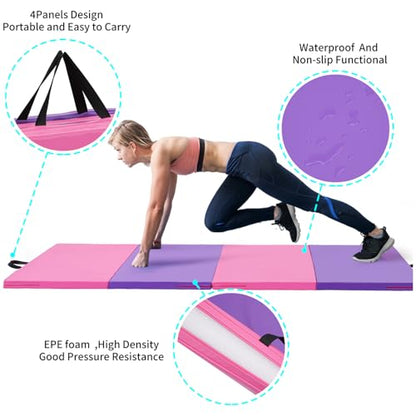 ZENOVA Gymnastics Mat 6'x3'x2''/4'x8'x2'' Exercise Mat Gym Mat for Home Aerobics Workout Foldable Tumbling Mat Children Gifts - color: 3.6FT x 6FT --Pink&Purple