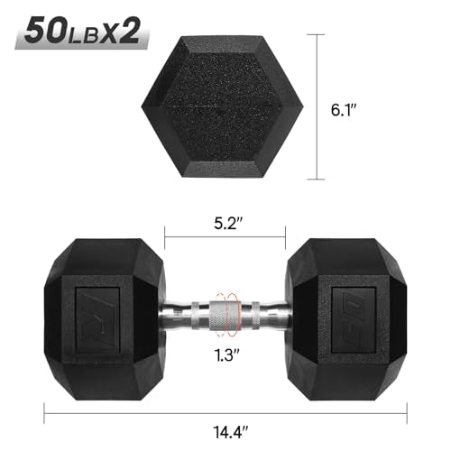 Ritfit 5-650 LBS PVC Encased Hex Dumbbell Sets with Optional Rack for Home Gym, Hand weight with Chrome Handle for Strength Training,Workouts - style: 2X50LBS