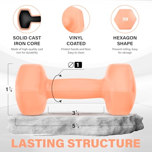 Yes4All Vinyl Hexagon Dumbbell - Dumbbells Set of 2 Hand Weights for Home Gym & Strength Training (2-15 lbs Weight Options) - color: A. 2 lbs - Peach Puzz - Pair