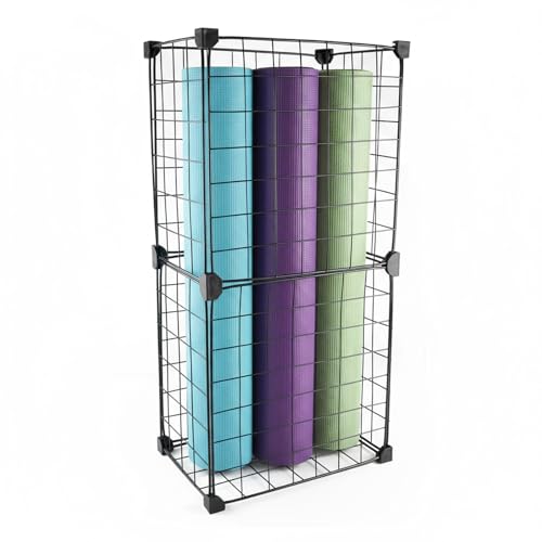 Yoga Mat Holder,Home Gym Storage Rack,Workout Equipment Storage,Metal Mesh Yoga Mat Basket for Foam Roller,Tennis Racket and Resistance Bands,Black,12.6"L X 8.7"W X 24.4"H