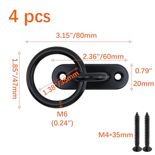 Semetall M6 Black Ceiling-Wall Mount Hook & Pad Eye Plate - 4 Pack 304 Stainless Steel Deck Hardware, Heavy Duty Anchor Rings for Boat Rigging, Yoga Swings, Hammocks & Marine Suspension(Oval)