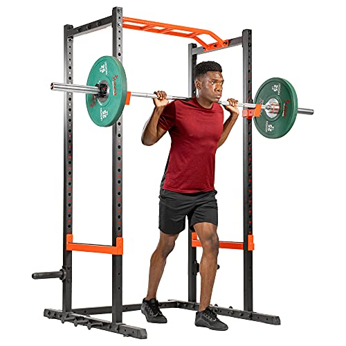 Sunny Health & Fitness Power Zone Strength Rack Power Cage - 1000 LB Weight Capacity, Spotter Bar, Angled Pull-Up Bar, J-Hooks, Resistance Band Pins, Optional LAT Pull Down