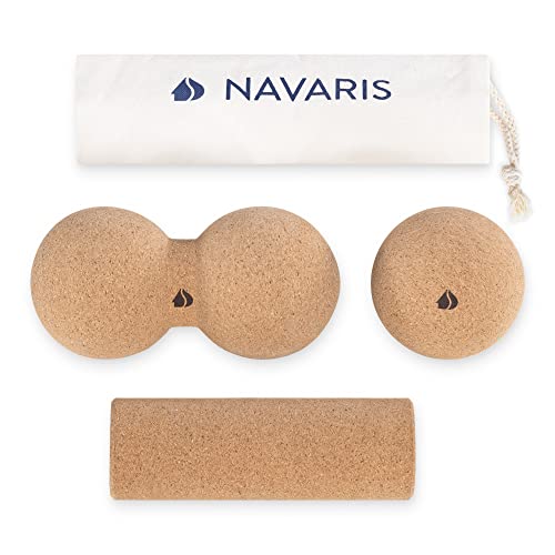 Navaris Cork Massage Roller Ball Set (3 Pieces) - Includes Cork Peanut Roller, Cork Massage Ball, Cork Mini Roller - Rollers for Back and Muscles