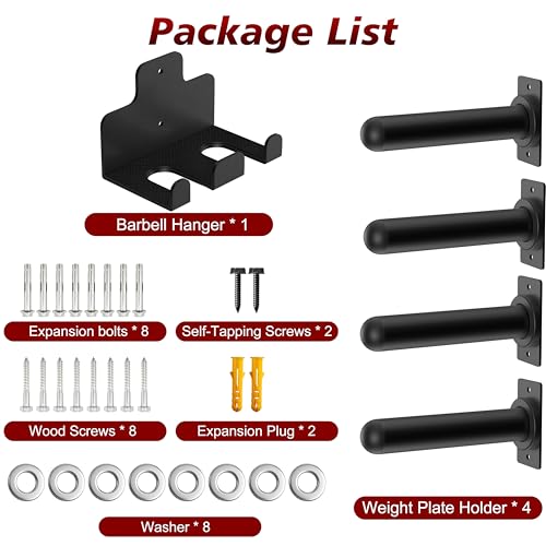 4 Pack Wall Mounted Weight Plate Holder and 1 Pack 2 Hooks Barbell Hanger, Weight Plate Holder for 2" Weight Plates, Vertical Barbell Holder With Protective Rubber Pad for Garage Home Gym