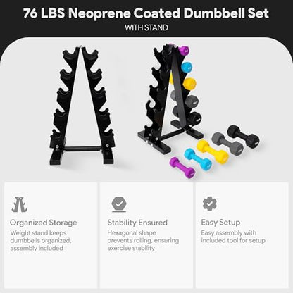 BalanceFrom Neoprene Coated Iron Dumbbell Hex Weights Set with Stand – Color-Coded or Black Options with Non-Slip Grip for Strength Training, Resistance Workouts, and Home Gym Fitness