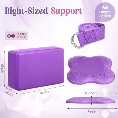 RoundFunny 5 Pcs Yoga Blocks Knee Pads Yoga Strap Set Soft Premium Foam Blocks Accessories for Pilates Meditation General Fitness Stability, Kneeling, Balance, Deepen Stretches and Toning