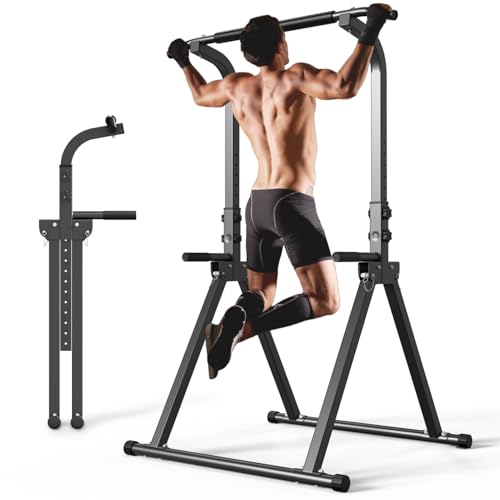 Foldable Pull Up Bar Free Standing Multi-function Power Tower Dip Bar with Assistance Bands Home Gym Strength Training Equipment
