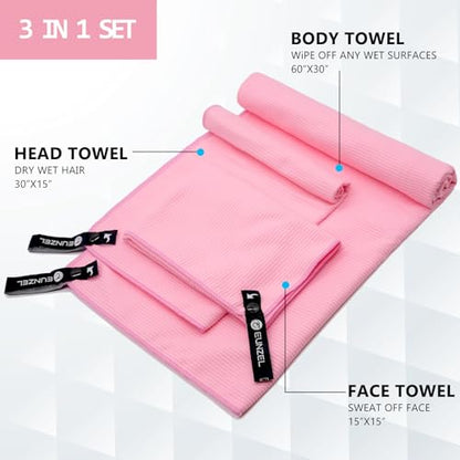Eunzel Quick Dry Camping Towel, Microfibre Ribbed Towel Travel Towel 3 Sizes 1 Pack Fast Drying Towel Set for Camping, Beach, Gym, Sports, Yoga & Swimming Pool, Pink
