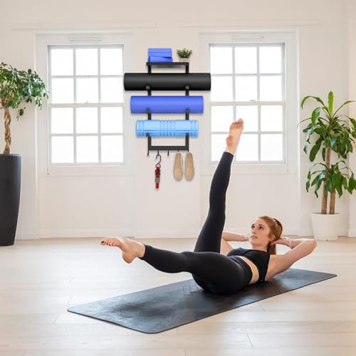 Yoga Mat Holder Wall Mount, Black Yoga Mats Storage Rack, Home Gym Storage with Metal Floating Shelf for Storing Fitness, Yoga Mat Rack with 5 Hooks for Hanging Foam Rollers and Resistance Bands