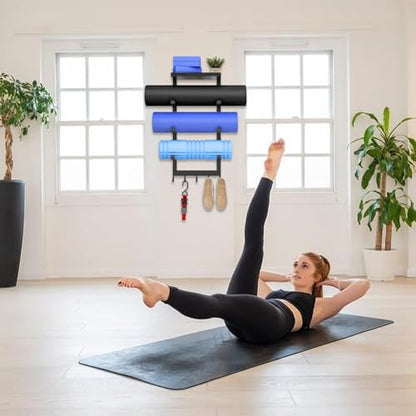 Yoga Mat Holder Wall Mount, Black Yoga Mats Storage Rack, Home Gym Storage with Metal Floating Shelf for Storing Fitness, Yoga Mat Rack with 5 Hooks for Hanging Foam Rollers and Resistance Bands