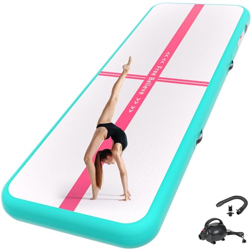 FINCOME Inflatable Gymnastics Mat Tumble Track Air Mats for Home with Pump - color: Green Red, size: 13ft*3.3ft*4inches(4m*1m*0.1m)