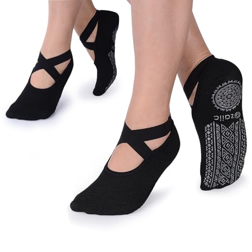 Ozaiic Pilates Socks for Women Non Slip Grip Yoga Barefoot Indoor Workout - color: Black-2 Pairs
