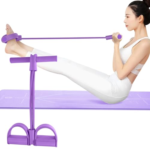 Multi-Function Tension Rope – 4 Tube Resistance Bands with Handles – Sit Up Exercise Equipment Home Gym Tummy Trainer for Men Women - color: purple