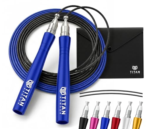 Titan Armour® Speed Rope - Professional Self-Locking & Adjustable, Adult Speed Jump Ropes for Fitness | 2 x Steel Ropes, Cable Protector & Travel Case | Jump Rope Crossfit, Boxing, Fitness MMA for Men & Women - color: Blue