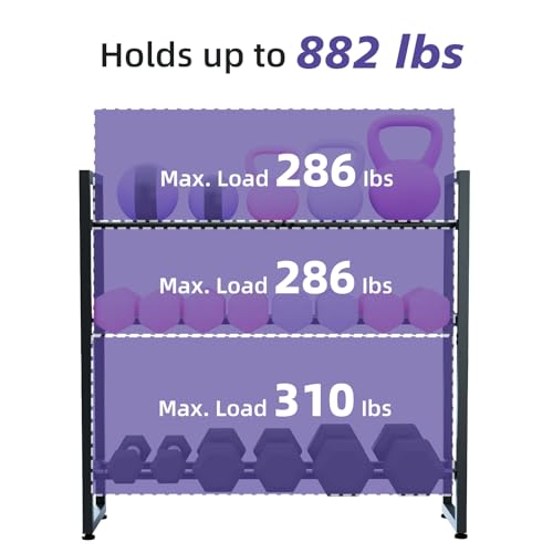 3-Tier Dumbbell Rack with 882 LBS Capacity, Multi-Purpose Weight Rack for Home Gym with Shelf and Movable Hooks, Weight Holder and Home Gym Storage Organizer for Dumbells Kettlebells Yoga Mat