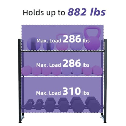 3-Tier Dumbbell Rack with 882 LBS Capacity, Multi-Purpose Weight Rack for Home Gym with Shelf and Movable Hooks, Weight Holder and Home Gym Storage Organizer for Dumbells Kettlebells Yoga Mat