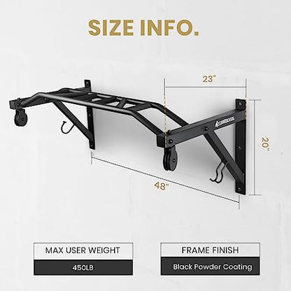 Multifunctional Wall Mounted Pull Up Bar with Pulley System, 48" and 16"/24" Multi-Grip Chin Up Bar, Cable Pulley Attachments Included, Perfect for Upper Body Workouts
